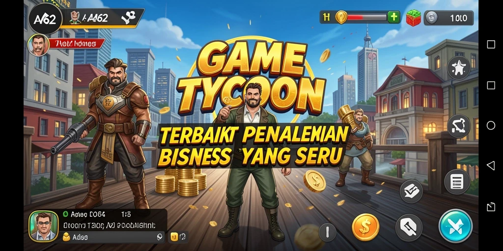 Screenshot utama gameplay AA62 menunjukkan suasana pengelolaan bisnis yang dinamis.