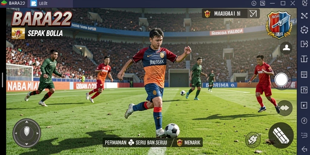 Tampilan gameplay BARA22 dengan aksi sepak bola yang seru.