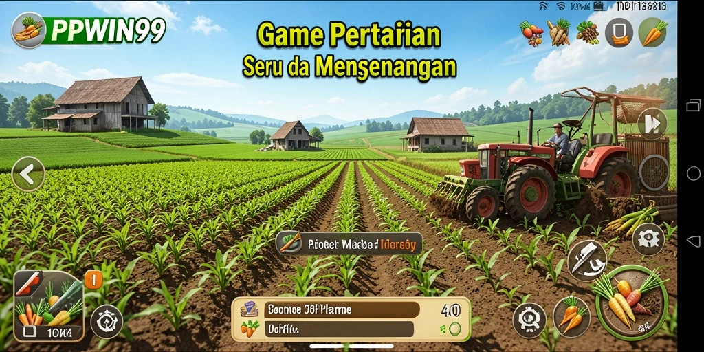 Screenshot gameplay PPWIN99 menampilkan ladang hijau dan hewan ternak.