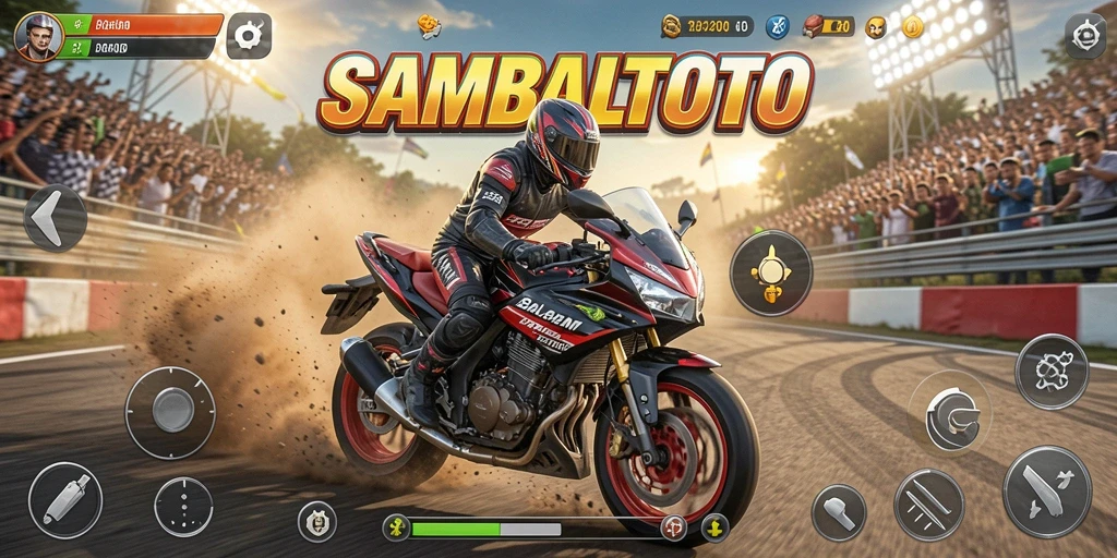 Screenshot permainan SAMBALTOTO menampilkan aksi balapan motor yang seru.