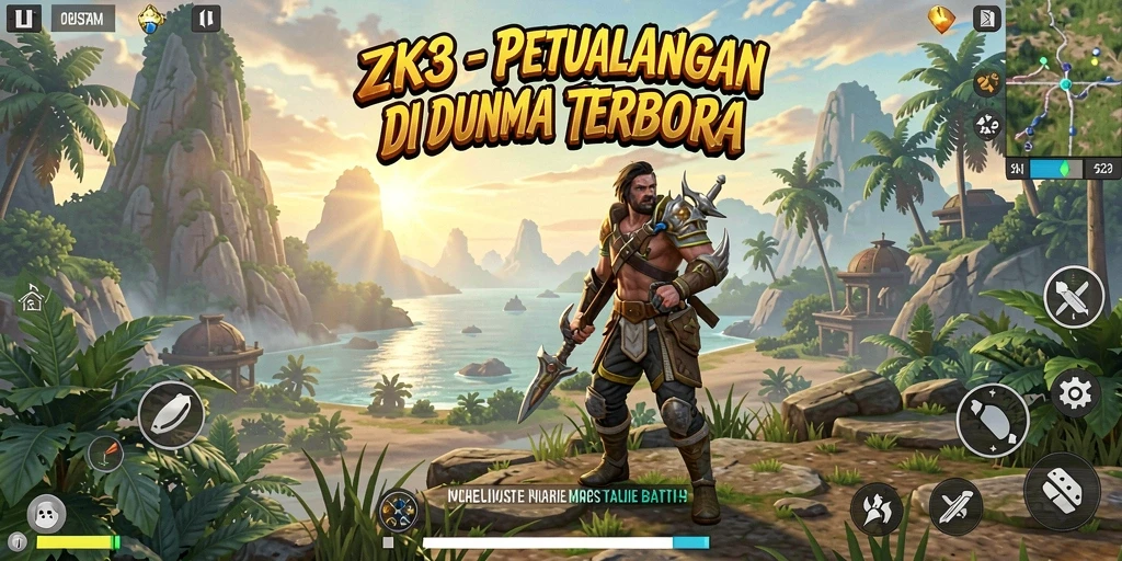 Screenshot gameplay ZK3 yang menampilkan dunia terbuka yang luas.